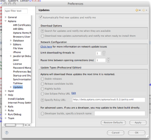 Aptana Updates preference panel